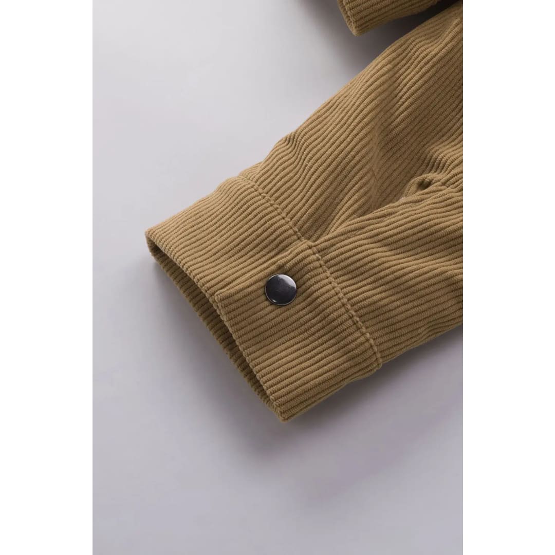 Khaki Corduroy Sherpa Snap Button Flap Jacket | Fashionfitz