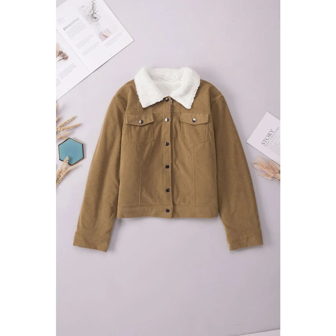 Khaki Corduroy Sherpa Snap Button Flap Jacket | Fashionfitz