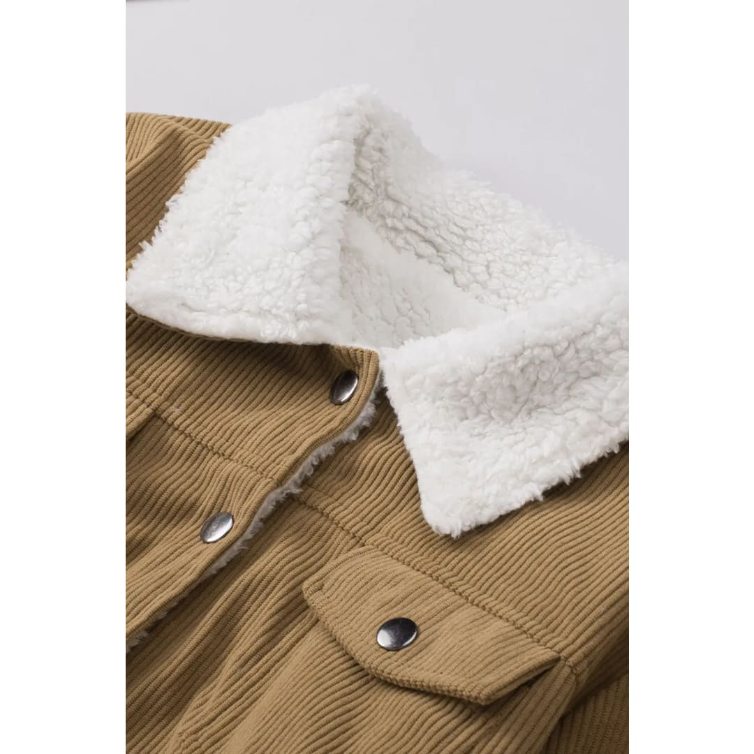 Khaki Corduroy Sherpa Snap Button Flap Jacket | Fashionfitz