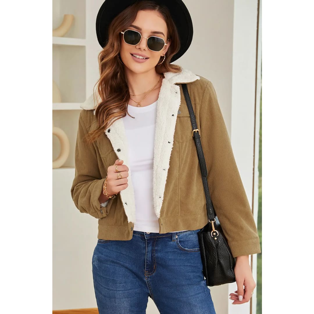 Khaki Corduroy Sherpa Snap Button Flap Jacket | Fashionfitz