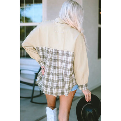 Khaki Distressed Raw Edge Plaid Patchwork Denim Jacket | Fashionfitz