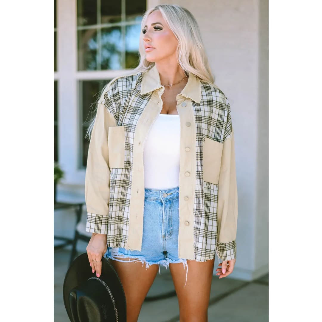 Khaki Distressed Raw Edge Plaid Patchwork Denim Jacket | Fashionfitz