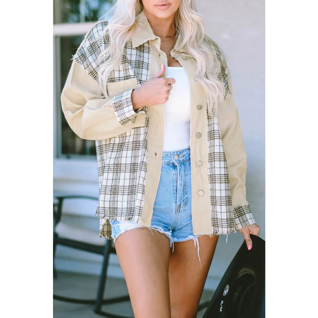 Khaki Distressed Raw Edge Plaid Patchwork Denim Jacket | Fashionfitz