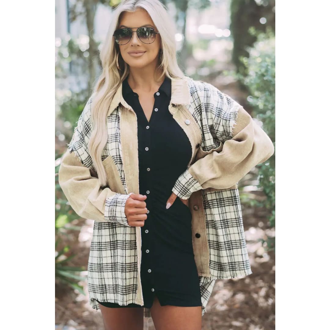 Khaki Distressed Raw Edge Plaid Patchwork Denim Jacket | Fashionfitz