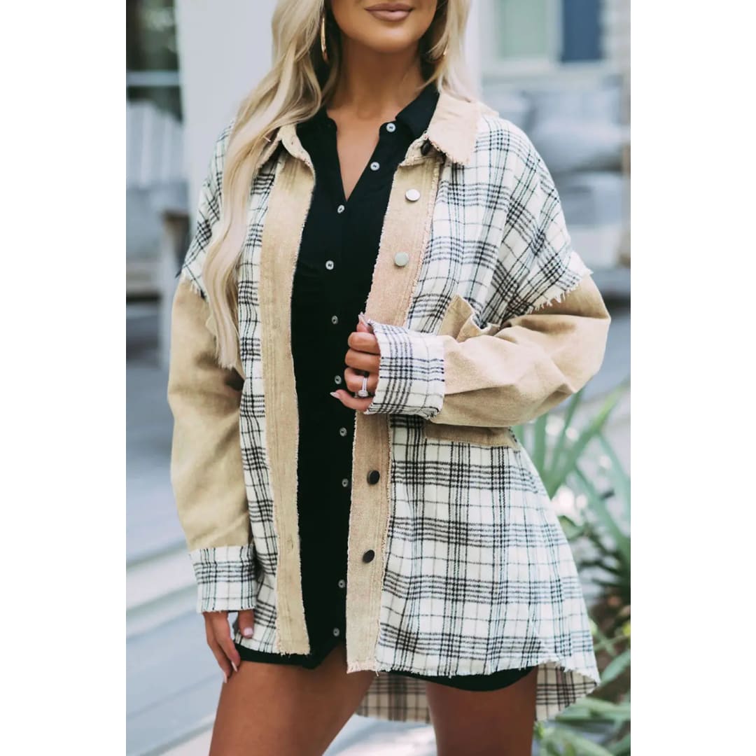 Khaki Distressed Raw Edge Plaid Patchwork Denim Jacket | Fashionfitz