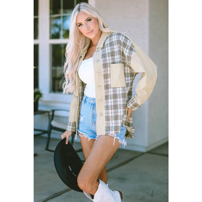 Khaki Distressed Raw Edge Plaid Patchwork Denim Jacket | Fashionfitz