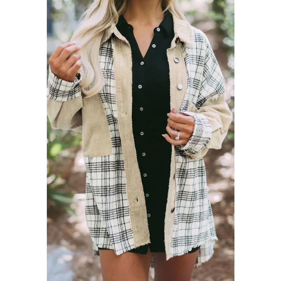 Khaki Distressed Raw Edge Plaid Patchwork Denim Jacket | Fashionfitz