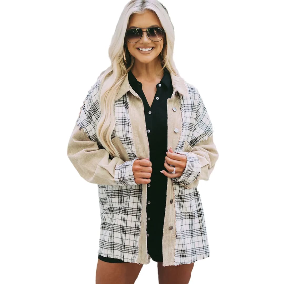 Khaki Distressed Raw Edge Plaid Patchwork Denim Jacket | Fashionfitz