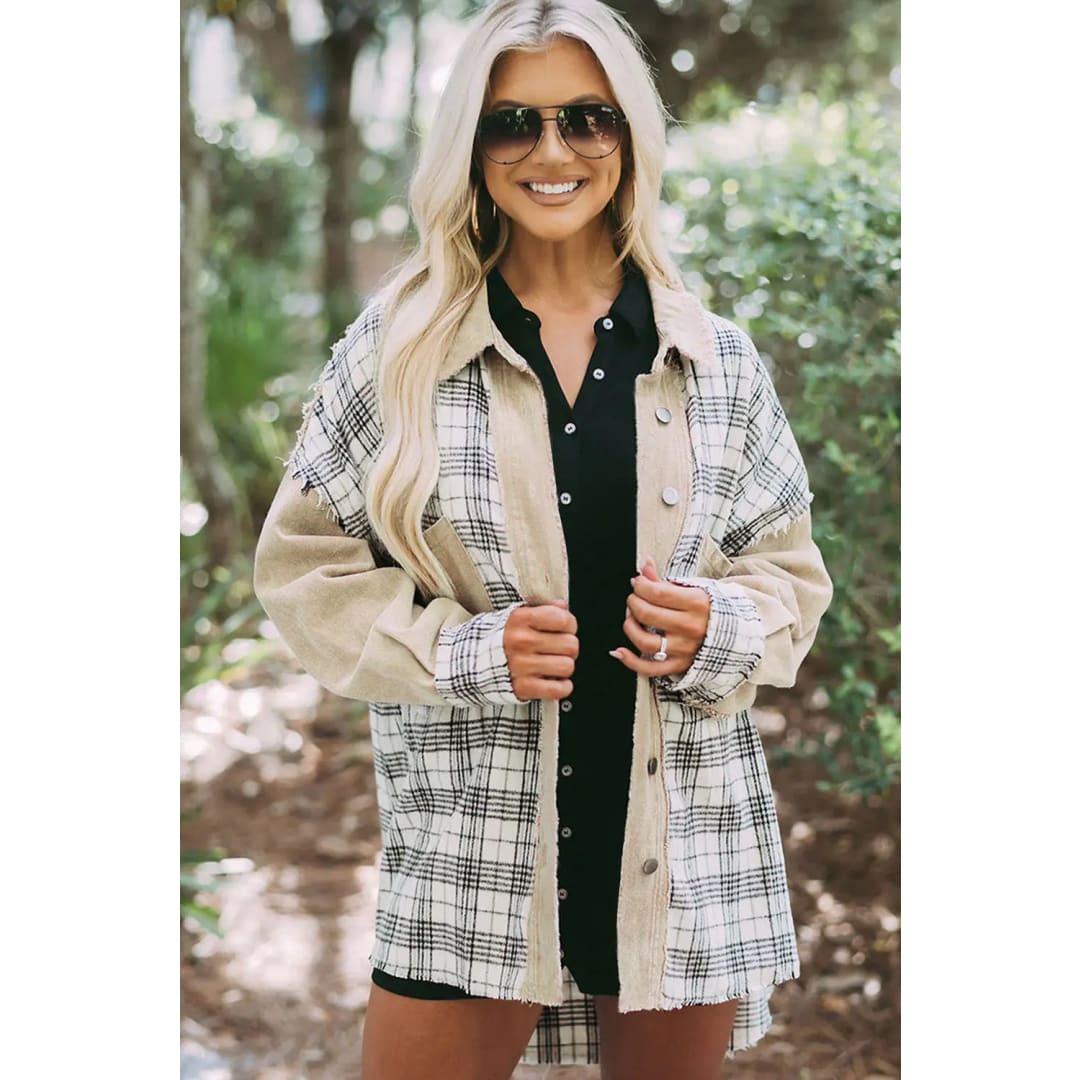 Khaki Distressed Raw Edge Plaid Patchwork Denim Jacket | Fashionfitz