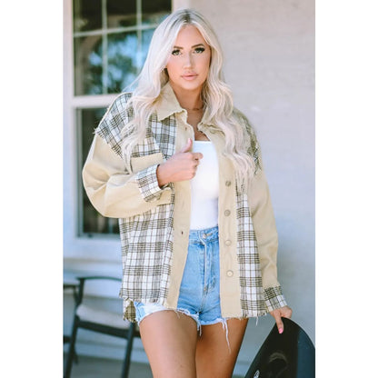 Khaki Distressed Raw Edge Plaid Patchwork Denim Jacket | Fashionfitz