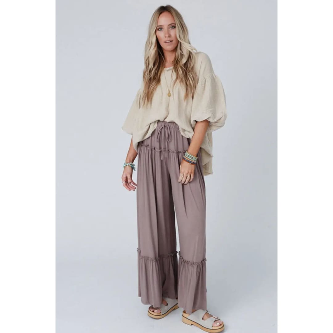 Khaki Frilled Drawstring High Waist Wide Leg Pants | Fashionfitz