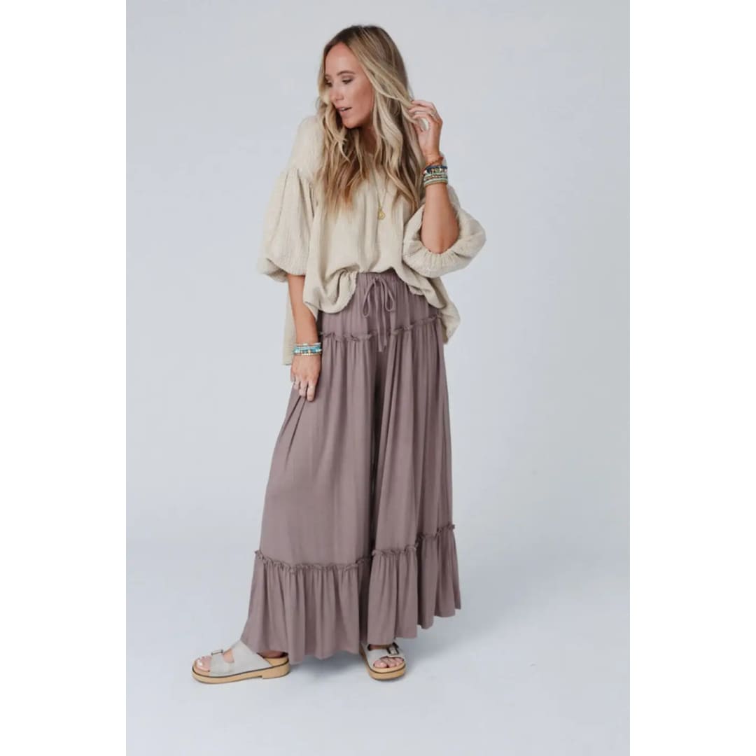 Khaki Frilled Drawstring High Waist Wide Leg Pants | Fashionfitz