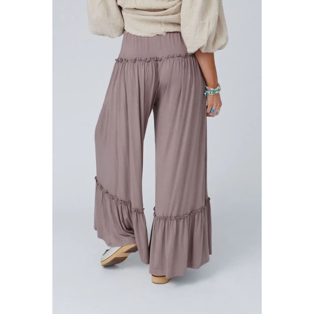 Khaki Frilled Drawstring High Waist Wide Leg Pants | Fashionfitz