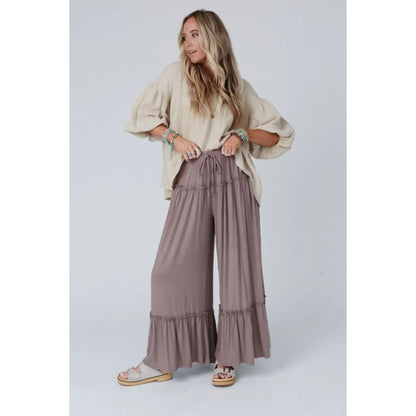 Khaki Frilled Drawstring High Waist Wide Leg Pants | Fashionfitz