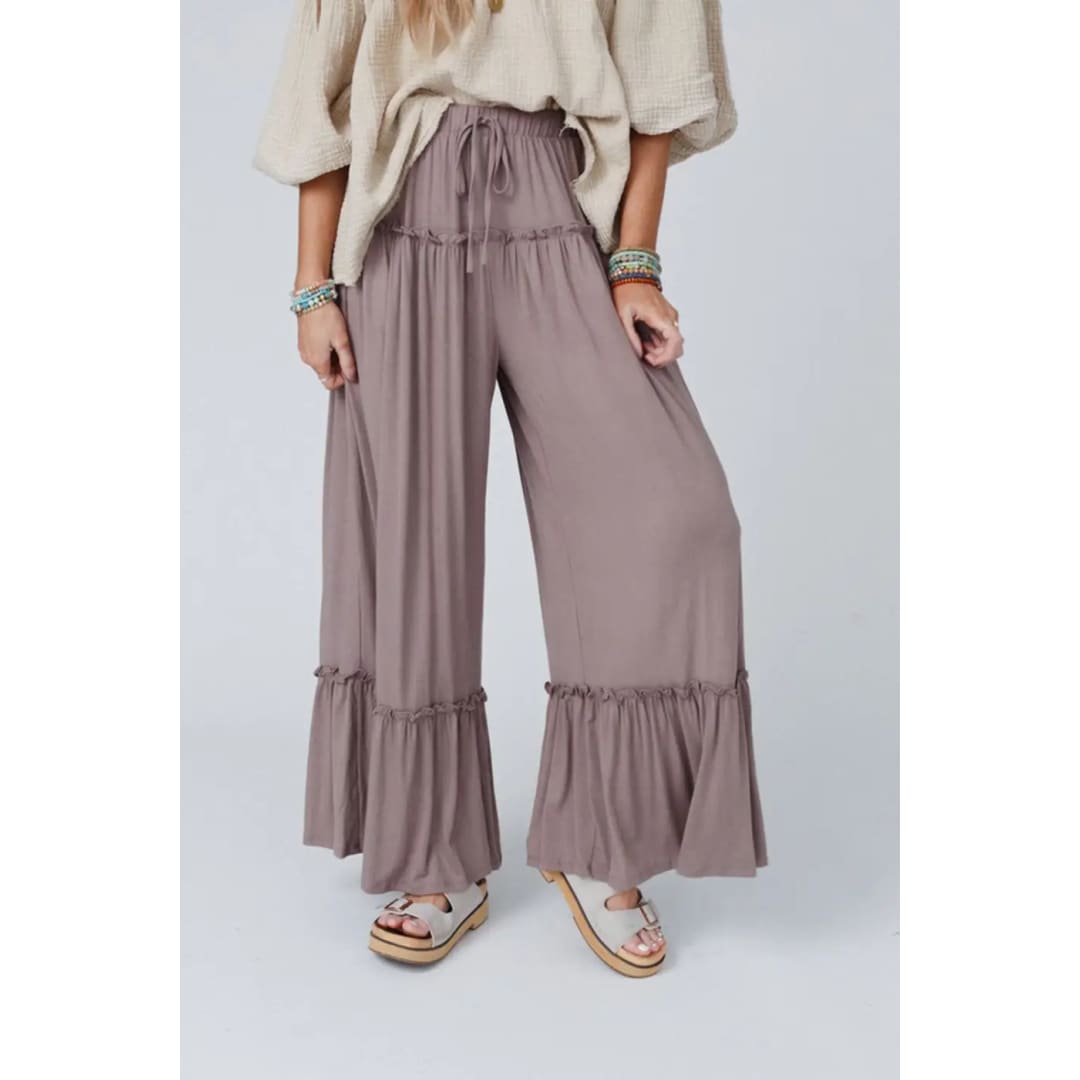 Khaki Frilled Drawstring High Waist Wide Leg Pants | Fashionfitz