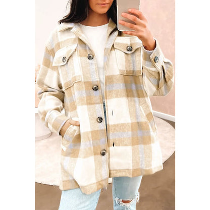 Khaki Plaid Button-Up Flap Pocket Shacket | Fashionfitz