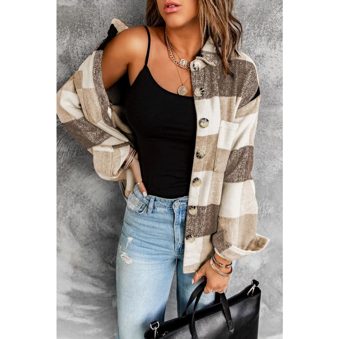 Khaki Plaid Color Block Buttoned Long Sleeve Jacket with Pocket | Fashionfitz