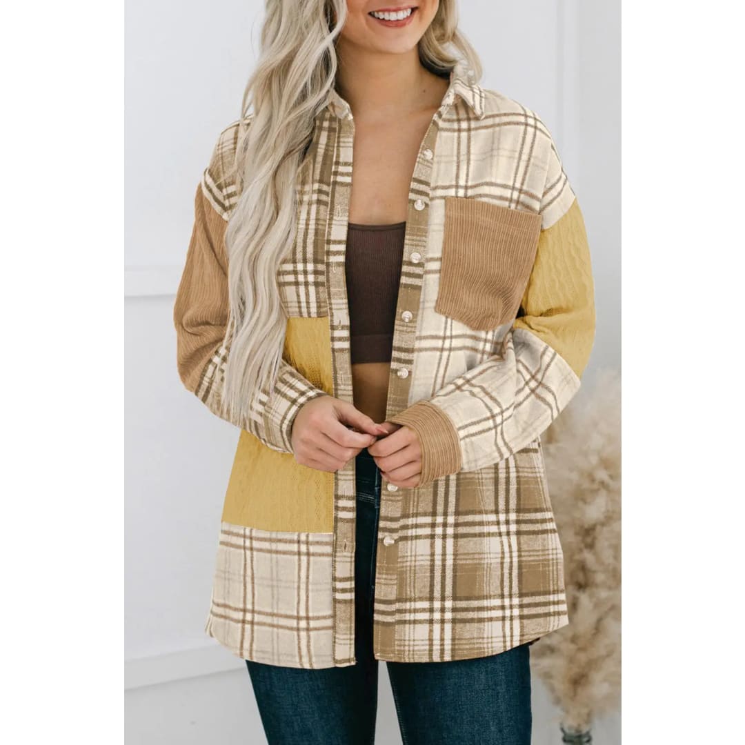 Khaki Plaid Color Block Patchwork Shirt Jacket with Pocket | Fashionfitz