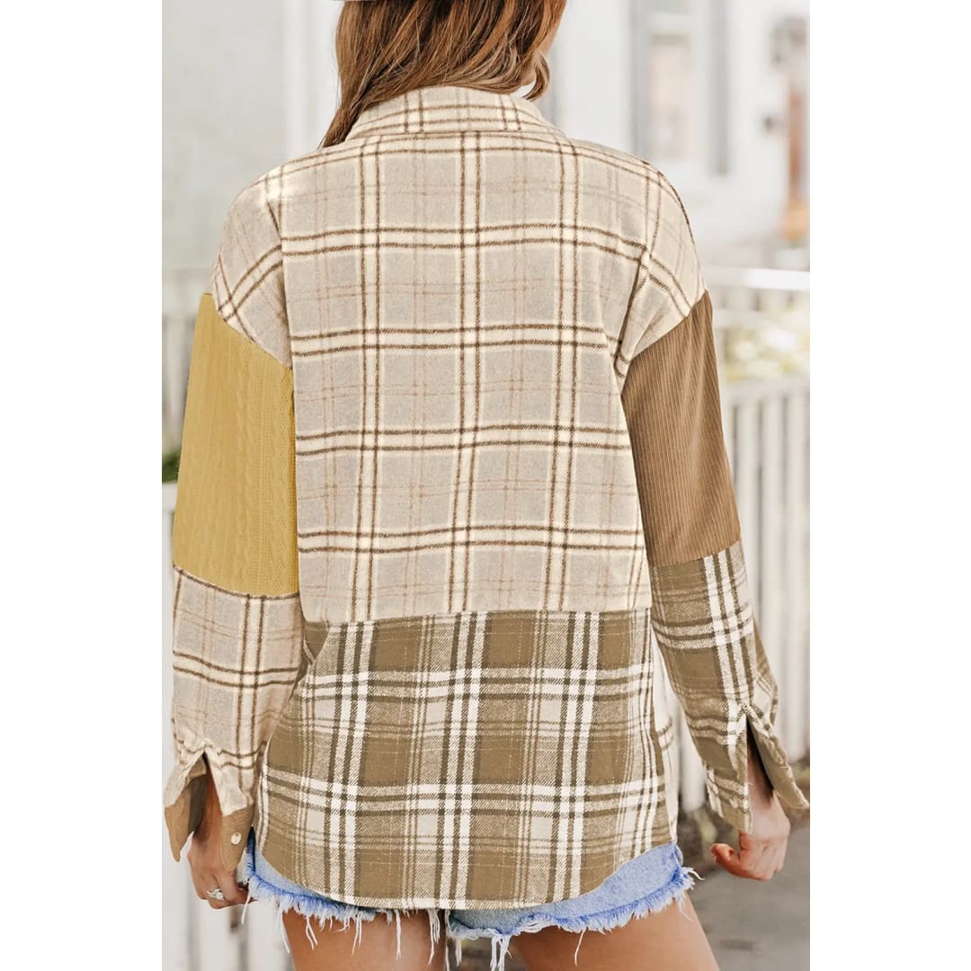 Khaki Plaid Color Block Patchwork Shirt Jacket with Pocket | Fashionfitz