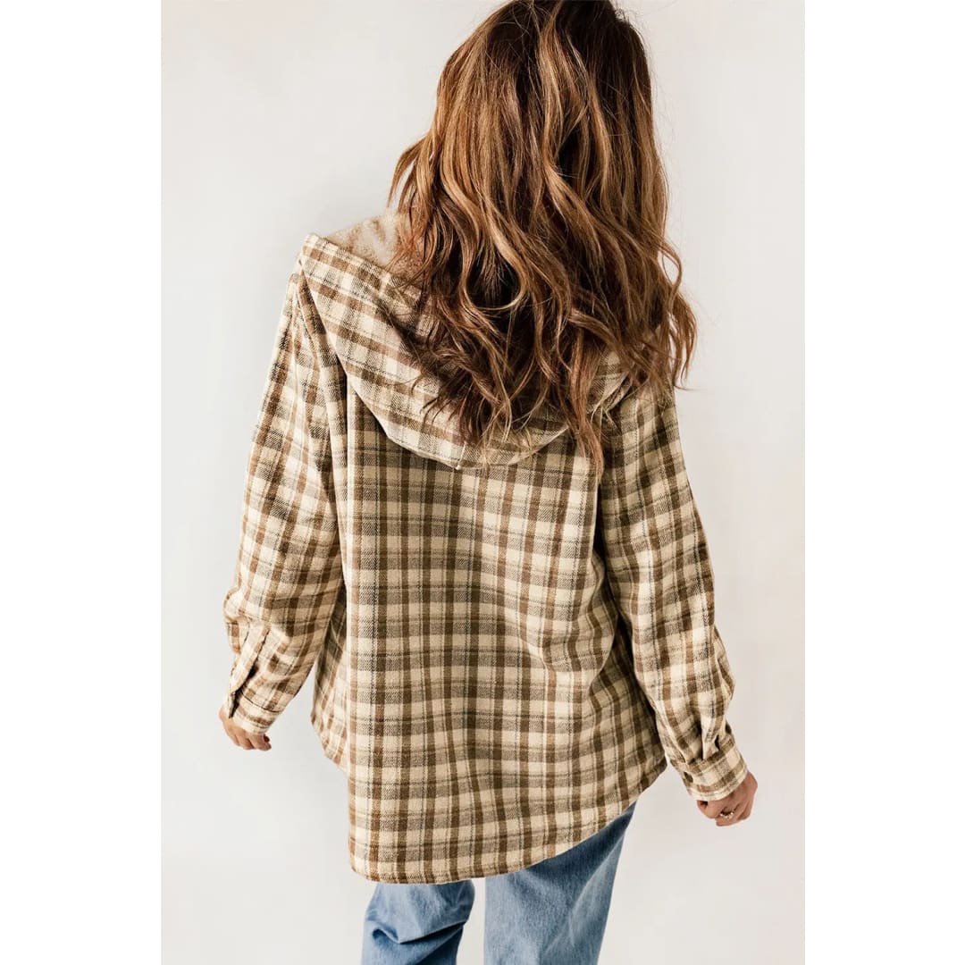 Khaki Plaid Pattern Sherpa Lined Hooded Shacket | Fashionfitz