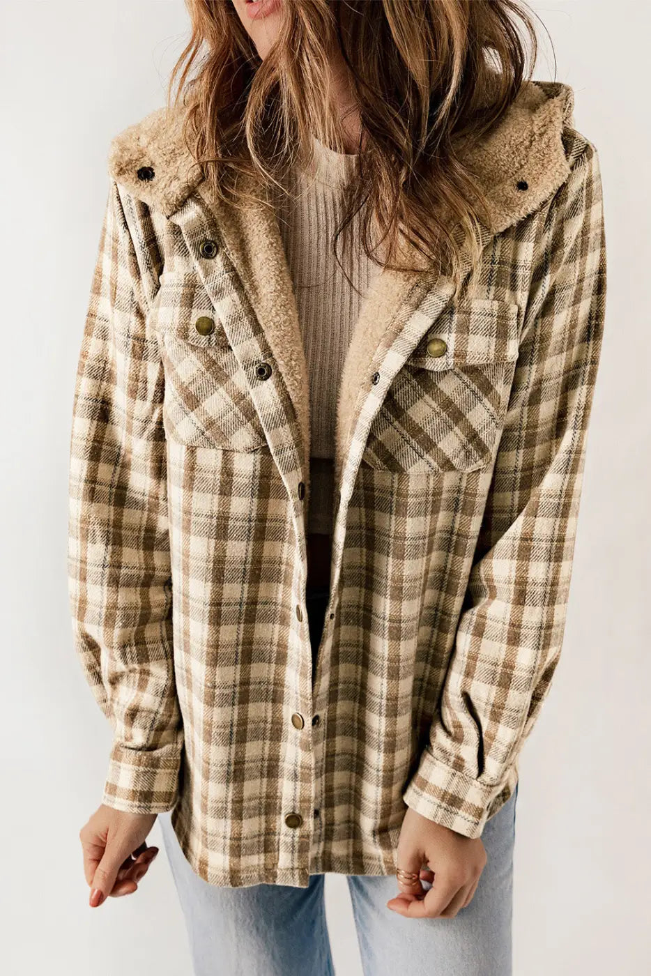 Khaki Plaid Sherpa-Lined Hooded Shacket-0