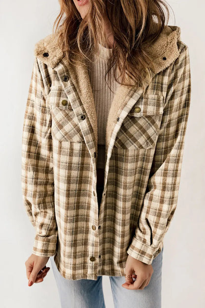 Khaki Plaid Sherpa-Lined Hooded Shacket-0