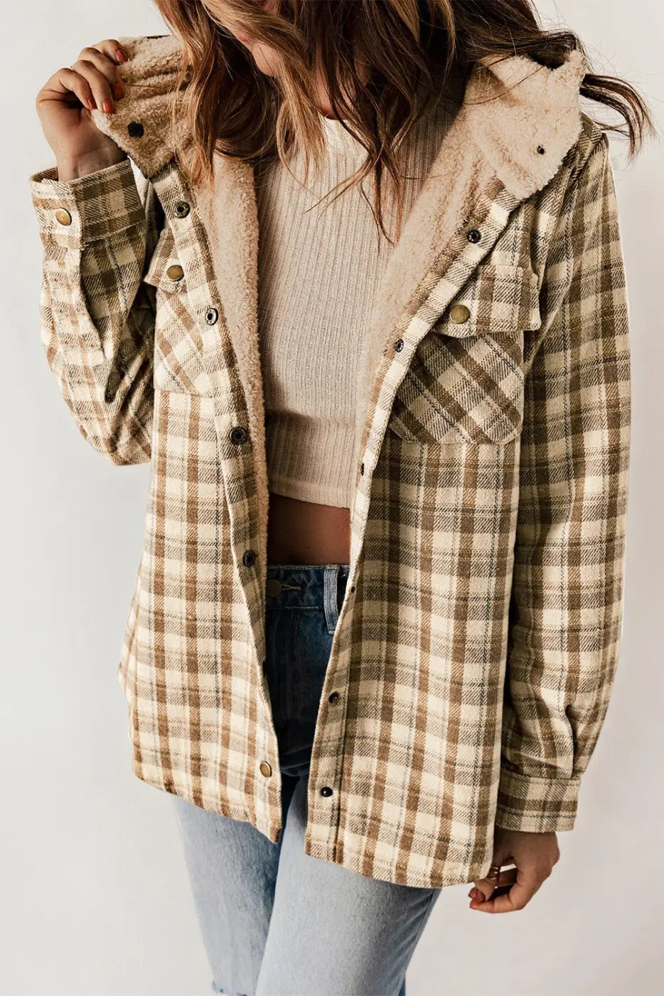 Khaki Plaid Sherpa-Lined Hooded Shacket-2