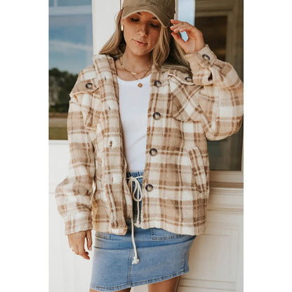 Khaki Sherpa Plaid Button Pocketed Jacket | Fashionfitz