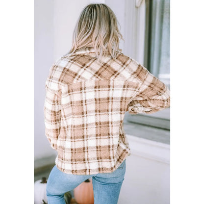 Khaki Sherpa Plaid Button Pocketed Jacket | Fashionfitz