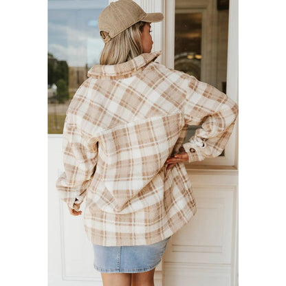 Khaki Sherpa Plaid Button Pocketed Jacket | Fashionfitz