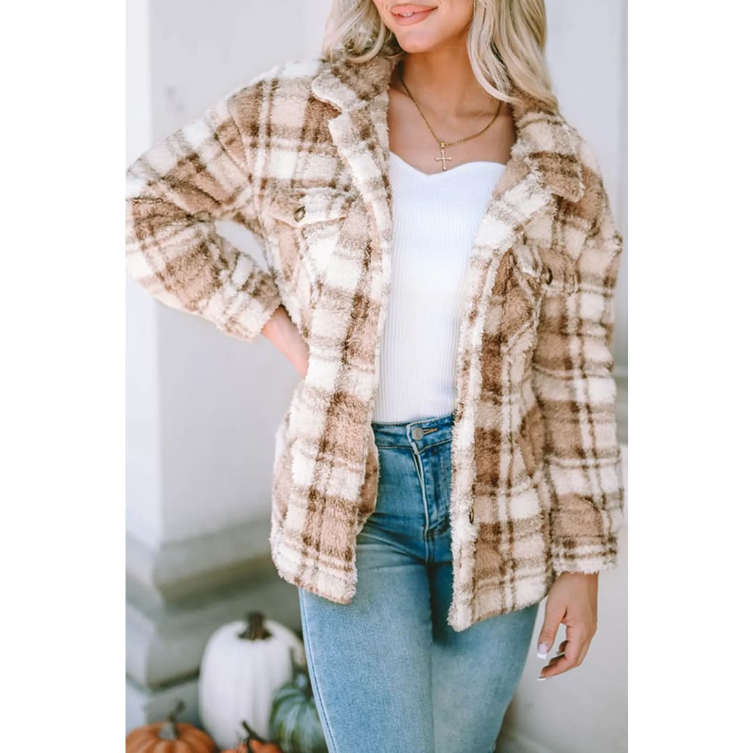 Khaki Sherpa Plaid Button Pocketed Jacket | Fashionfitz