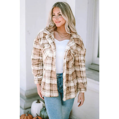 Khaki Sherpa Plaid Button Pocketed Jacket | Fashionfitz