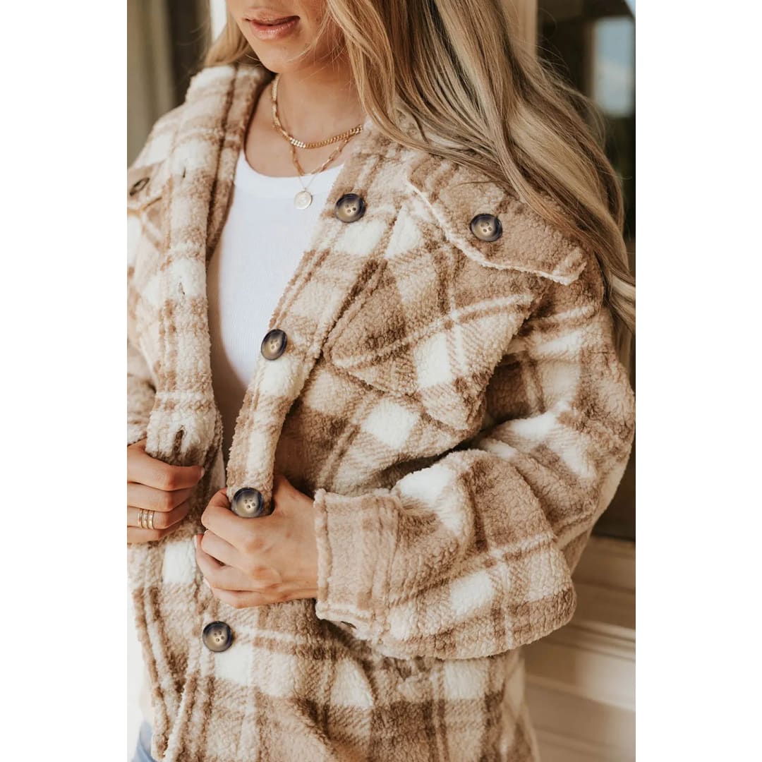 Khaki Sherpa Plaid Button Pocketed Jacket | Fashionfitz