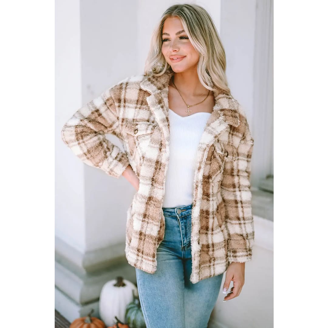 Khaki Sherpa Plaid Button Pocketed Jacket | Fashionfitz