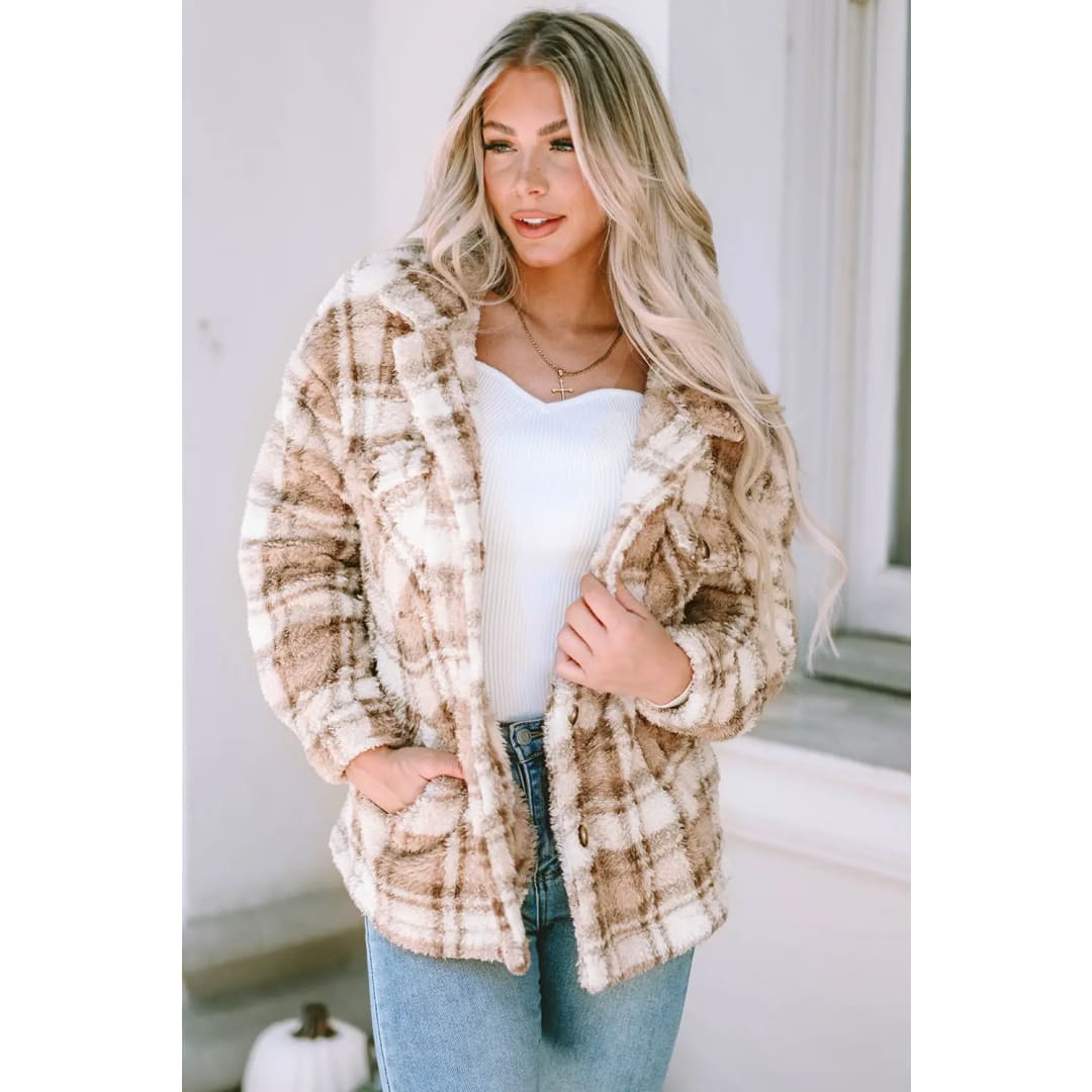 Khaki Sherpa Plaid Button Pocketed Jacket | Fashionfitz