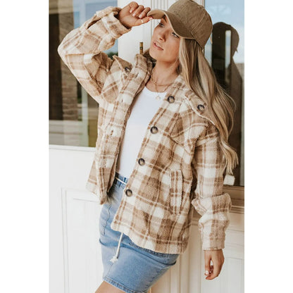 Khaki Sherpa Plaid Button Pocketed Jacket | Fashionfitz