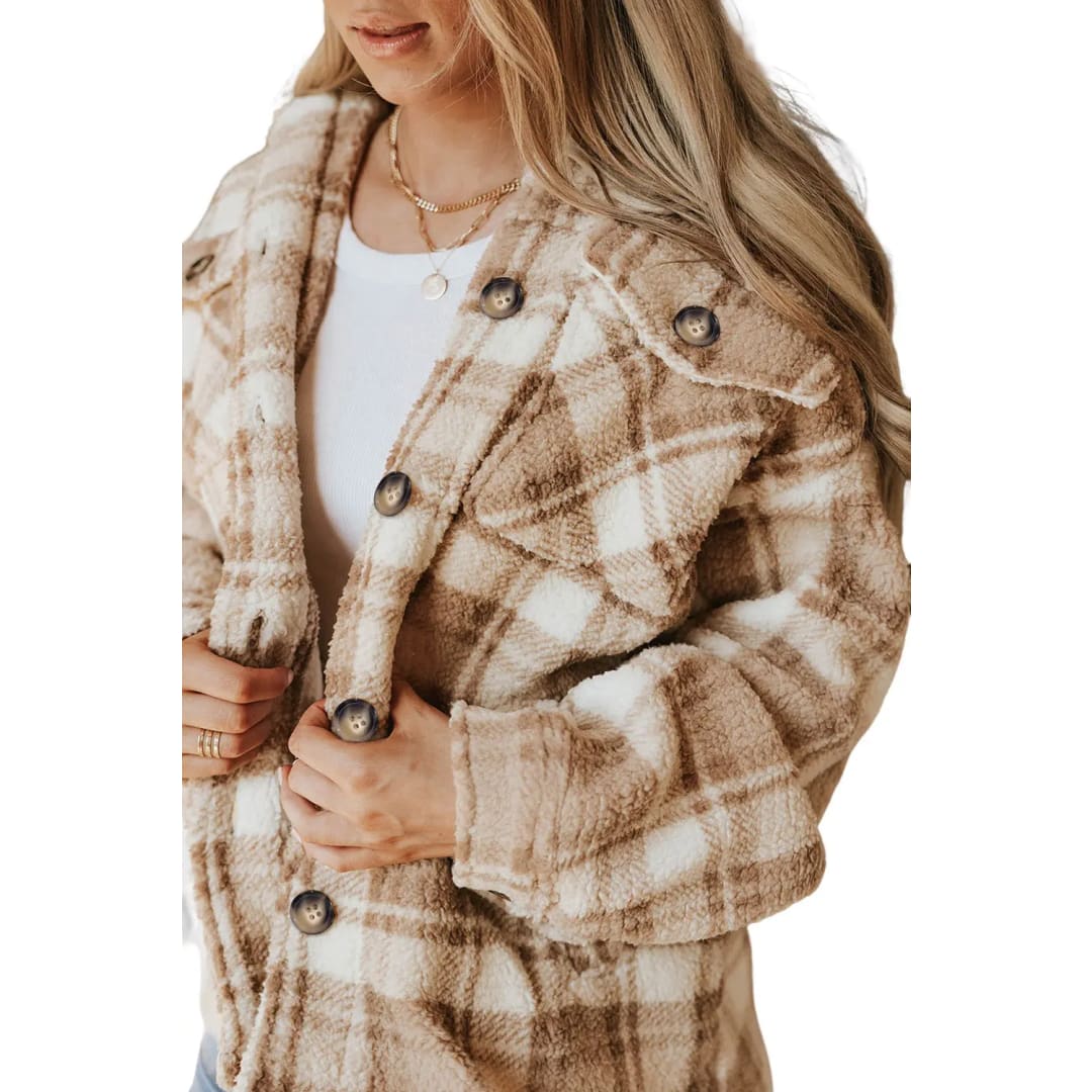 Khaki Sherpa Plaid Button Pocketed Jacket | Fashionfitz