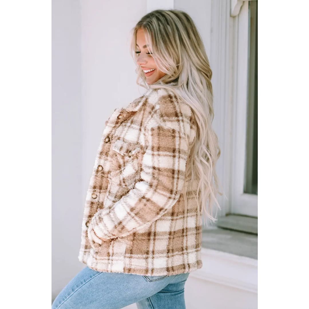 Khaki Sherpa Plaid Button Pocketed Jacket | Fashionfitz