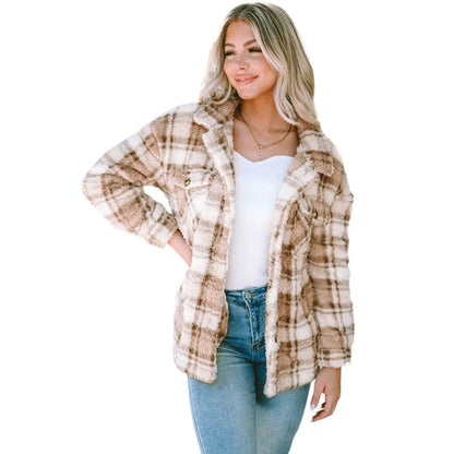 Khaki Sherpa Plaid Button Pocketed Jacket | Fashionfitz