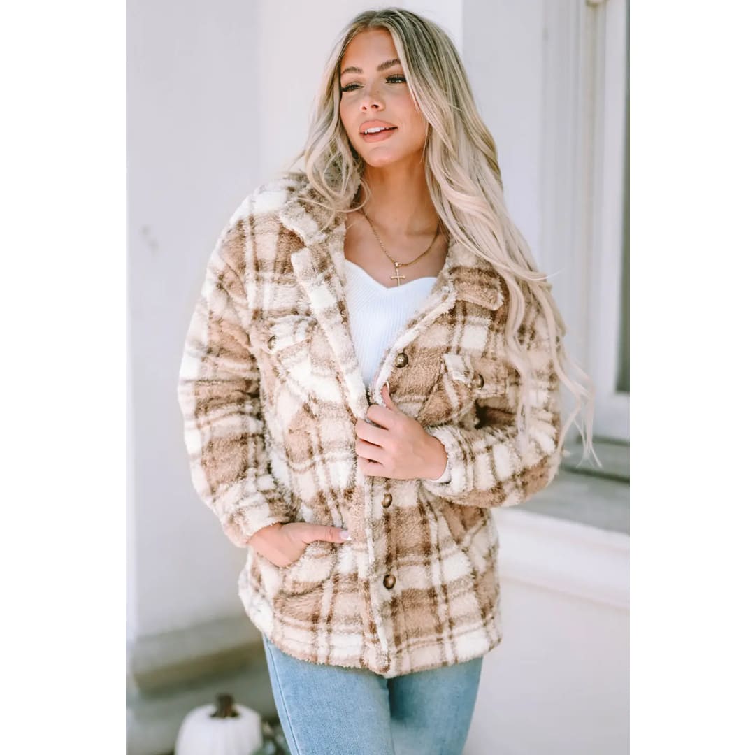 Khaki Sherpa Plaid Button Pocketed Jacket | Fashionfitz