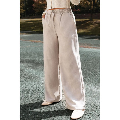 Khaki Stripe Casual Elastic Waist Loose Straight Striped Pants | Fashionfitz