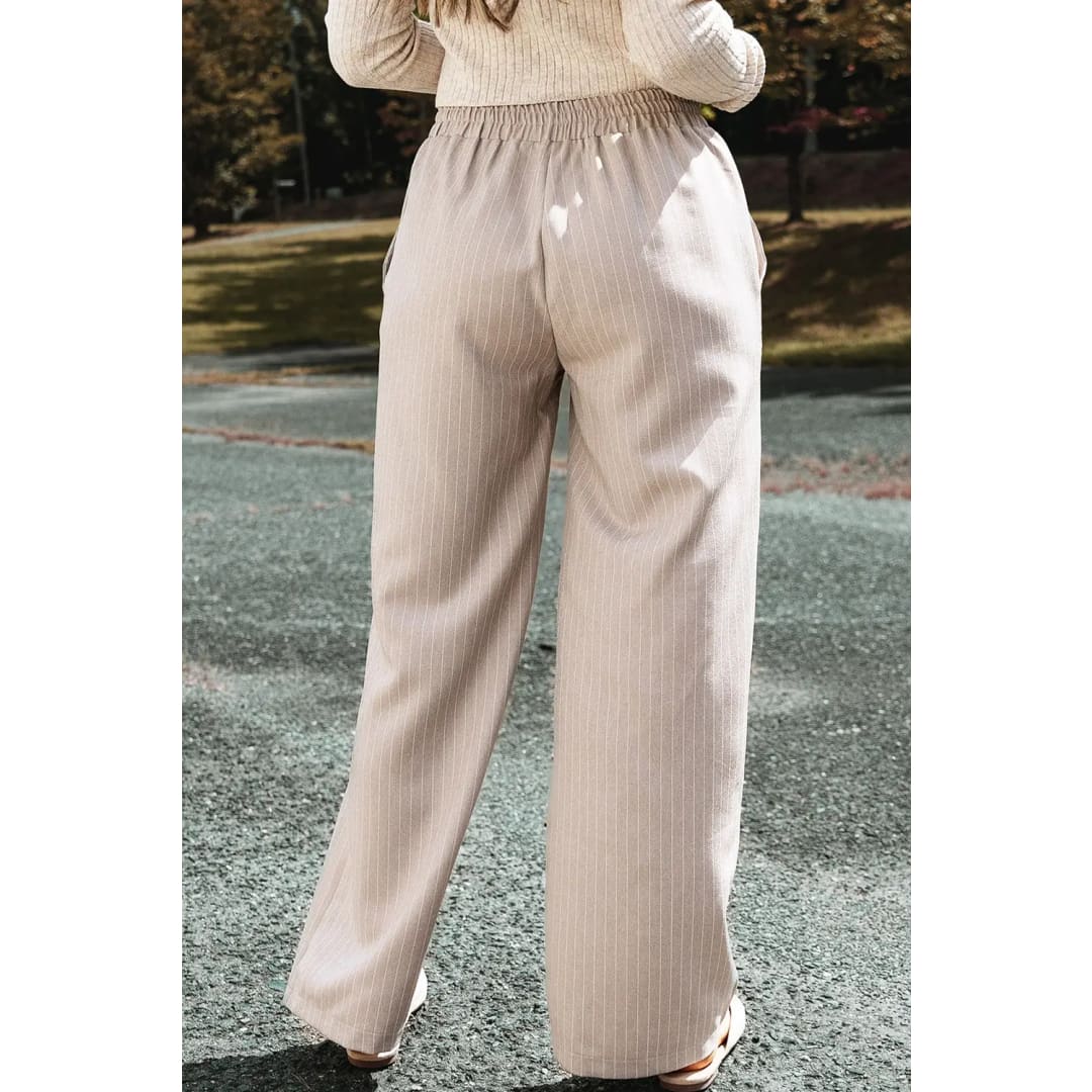 Khaki Stripe Casual Elastic Waist Loose Straight Striped Pants | Fashionfitz