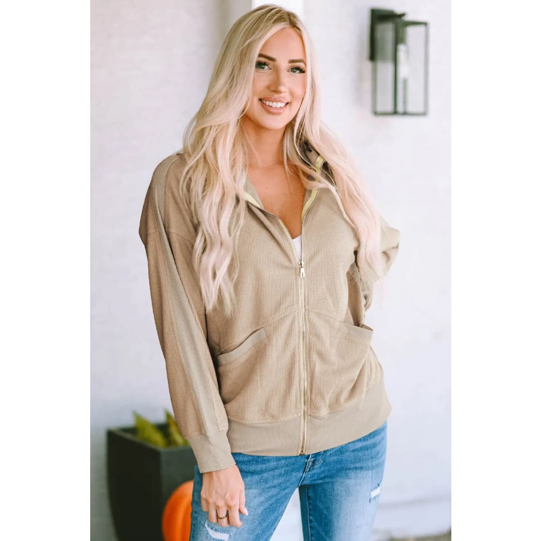 Khaki Thermal Waffle Knit Full Zipper Hooded Jacket | Fashionfitz