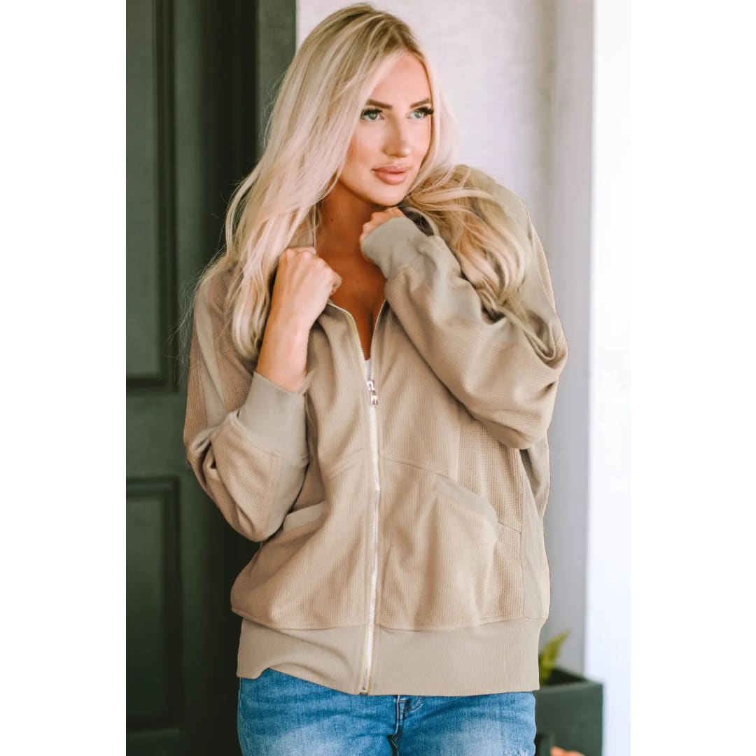 Khaki Thermal Waffle Knit Full Zipper Hooded Jacket | Fashionfitz