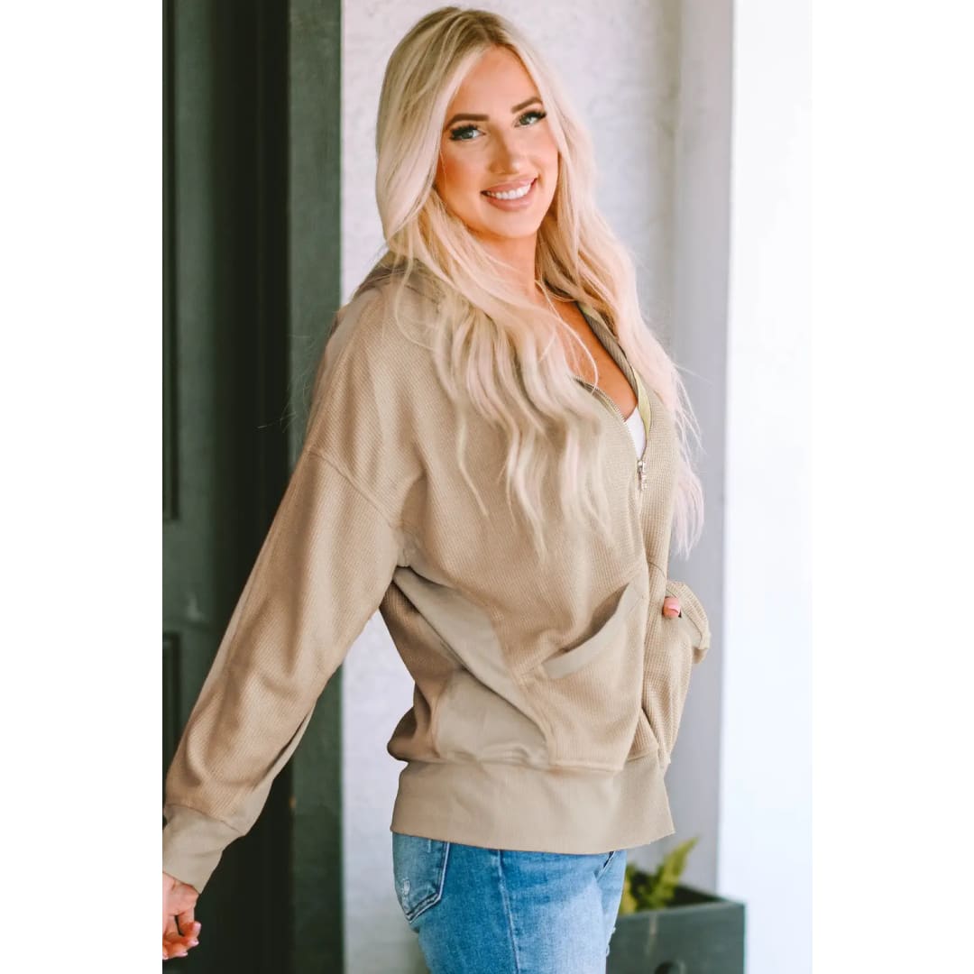 Khaki Thermal Waffle Knit Full Zipper Hooded Jacket | Fashionfitz