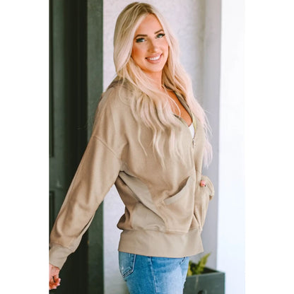 Khaki Thermal Waffle Knit Full Zipper Hooded Jacket | Fashionfitz