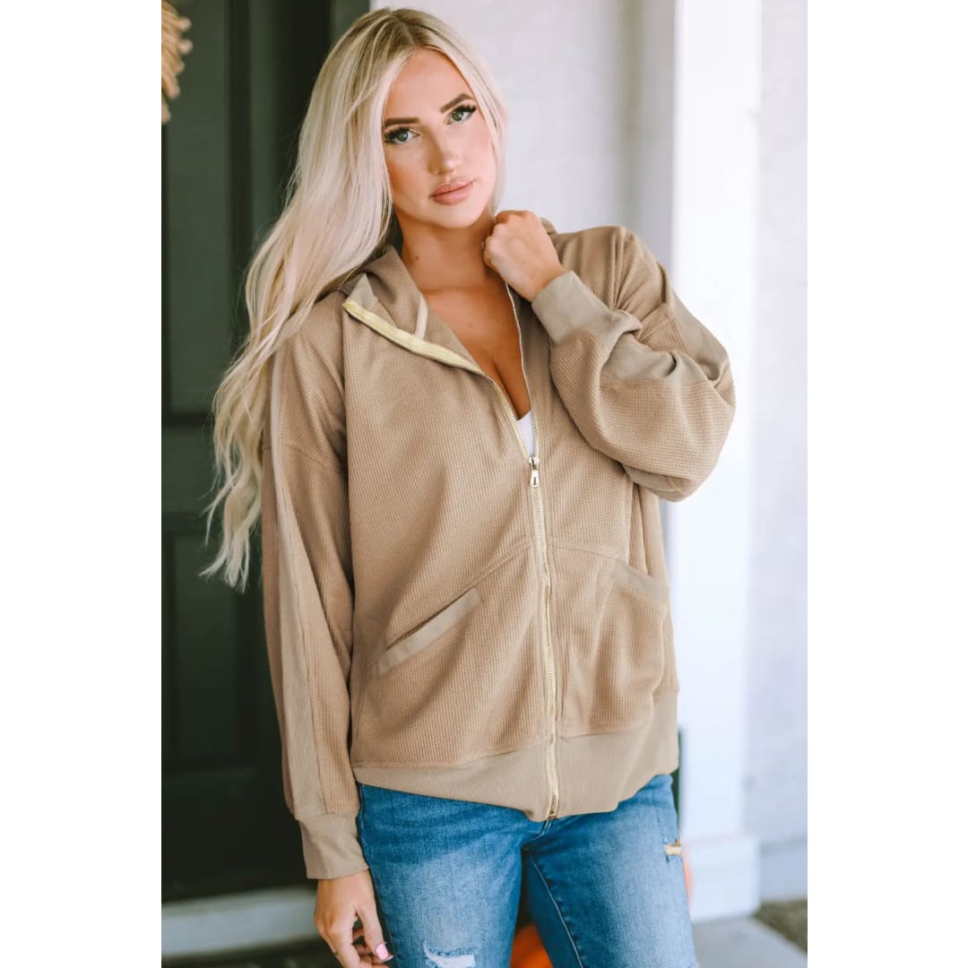 Khaki Thermal Waffle Knit Full Zipper Hooded Jacket | Fashionfitz