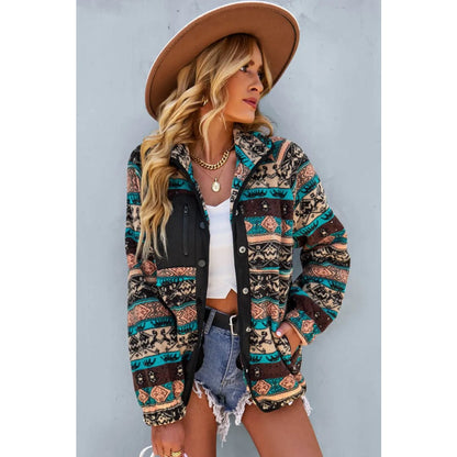 Khaki Western Colorblock Snap Buttoned Sherpa Jacket | Fashionfitz