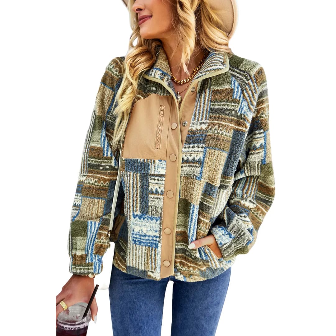 Khaki Western Colorblock Snap Buttoned Sherpa Jacket | Fashionfitz