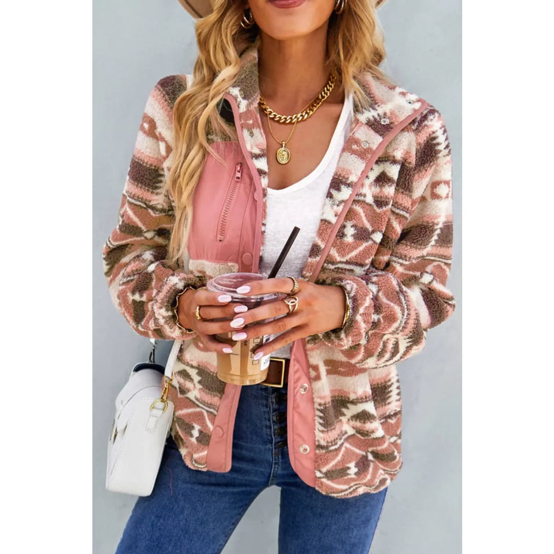 Khaki Western Colorblock Snap Buttoned Sherpa Jacket | Fashionfitz